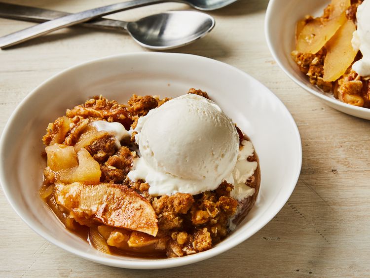 Bowl of Apple Crisp with ice cream